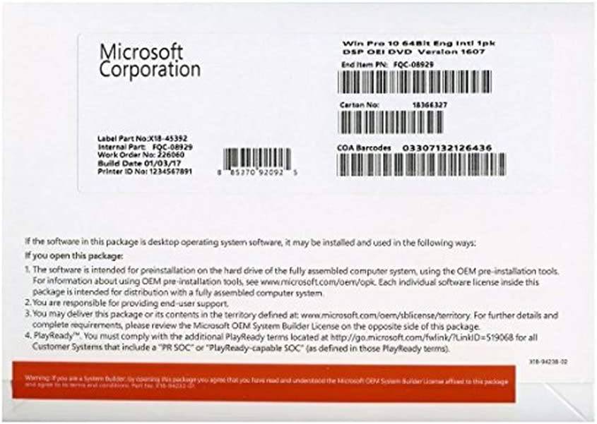 Microsoft Windows 10 Pro 64-Bit English 1PK DSP OEM DVD | License Activation Key for 1 PC | FQC-08929 | Australian Stock - INFINITE-ITECH